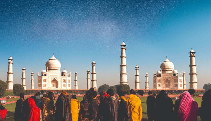 An image showcasing a diverse group of British travelers holding their passports, standing in front of the iconic Taj Mahal, with an Indian flag in the background