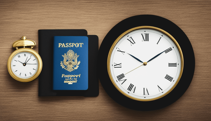 An image showcasing an outline of a British passport and an Indian visa, surrounded by a clock symbolizing time, and a money symbol representing fees