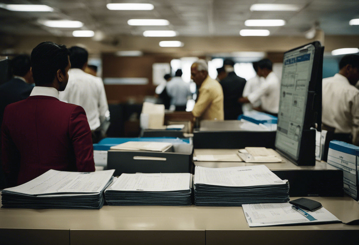 An image showcasing a person standing in a bustling Indian passport office, holding a folder with required documents, while a helpful government official guides them through the passport renewal process