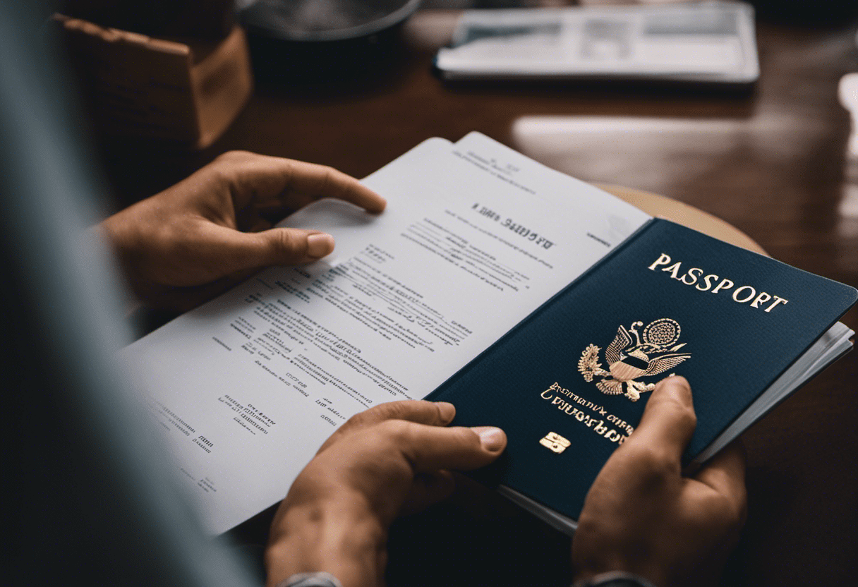 An image depicting a traveler holding a folder with documents, including proof of identity, address, and citizenship, along with a completed application form, photographs, and a passport-sized photograph