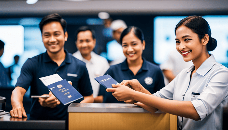 An image showcasing a smiling individual confidently submitting their passport application at a sleek Passport Seva counter, with a helpful staff member guiding them through the hassle-free process