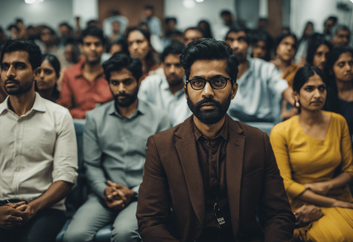 An image showcasing a nervous applicant sitting in a waiting room, surrounded by other anxious individuals, as they await their USTravelDocs India visa interview